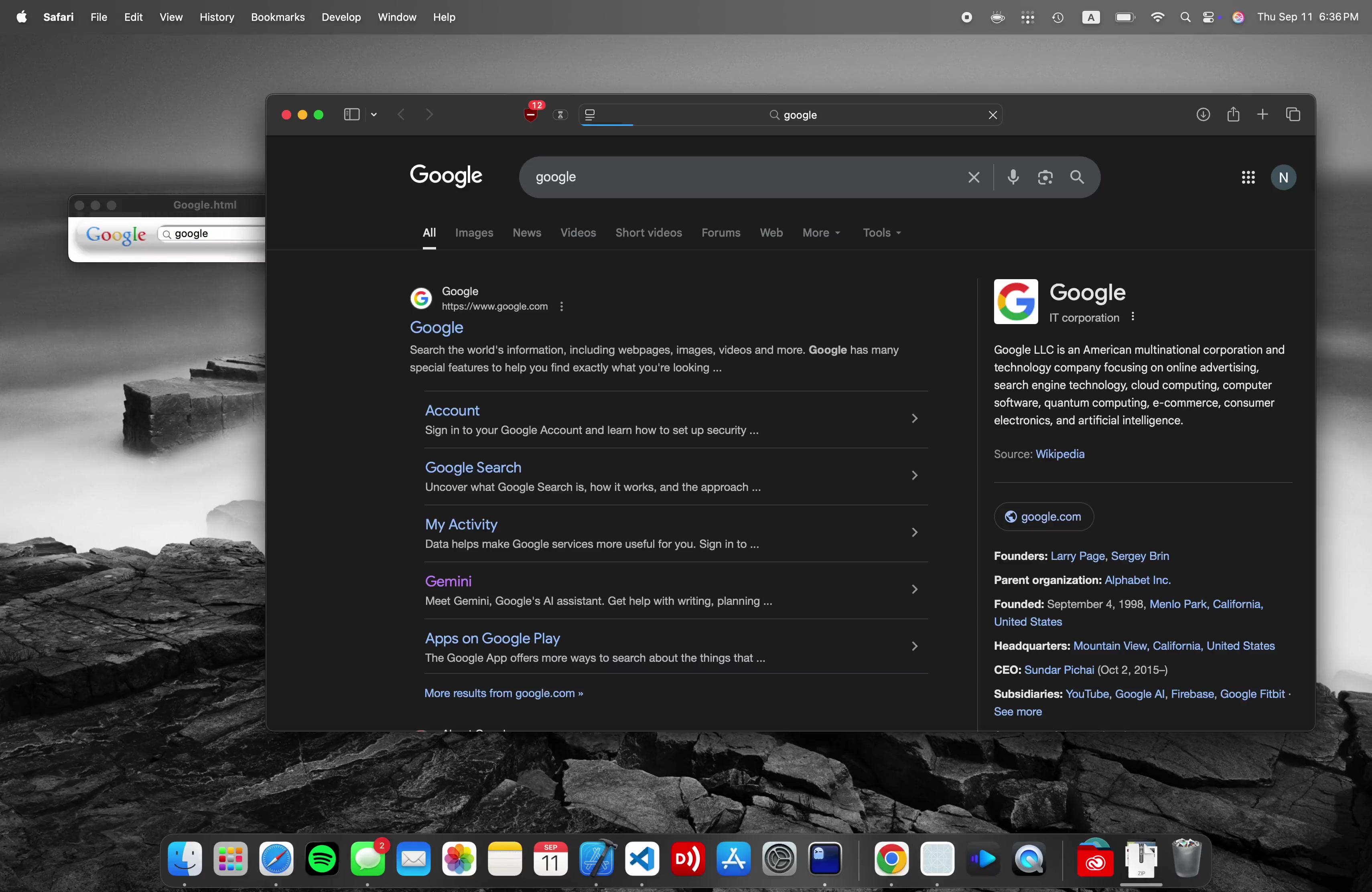 The restored Google Dashboard widget opening a search in Safari