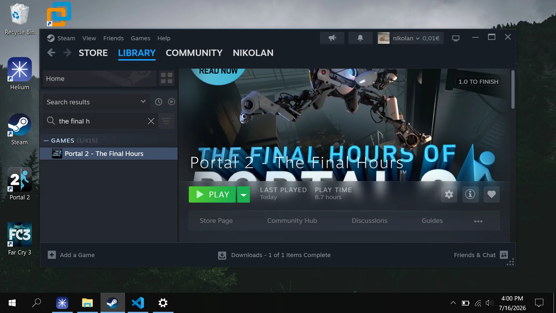 Steam showing Portal 2: The Final Hours, ready to play