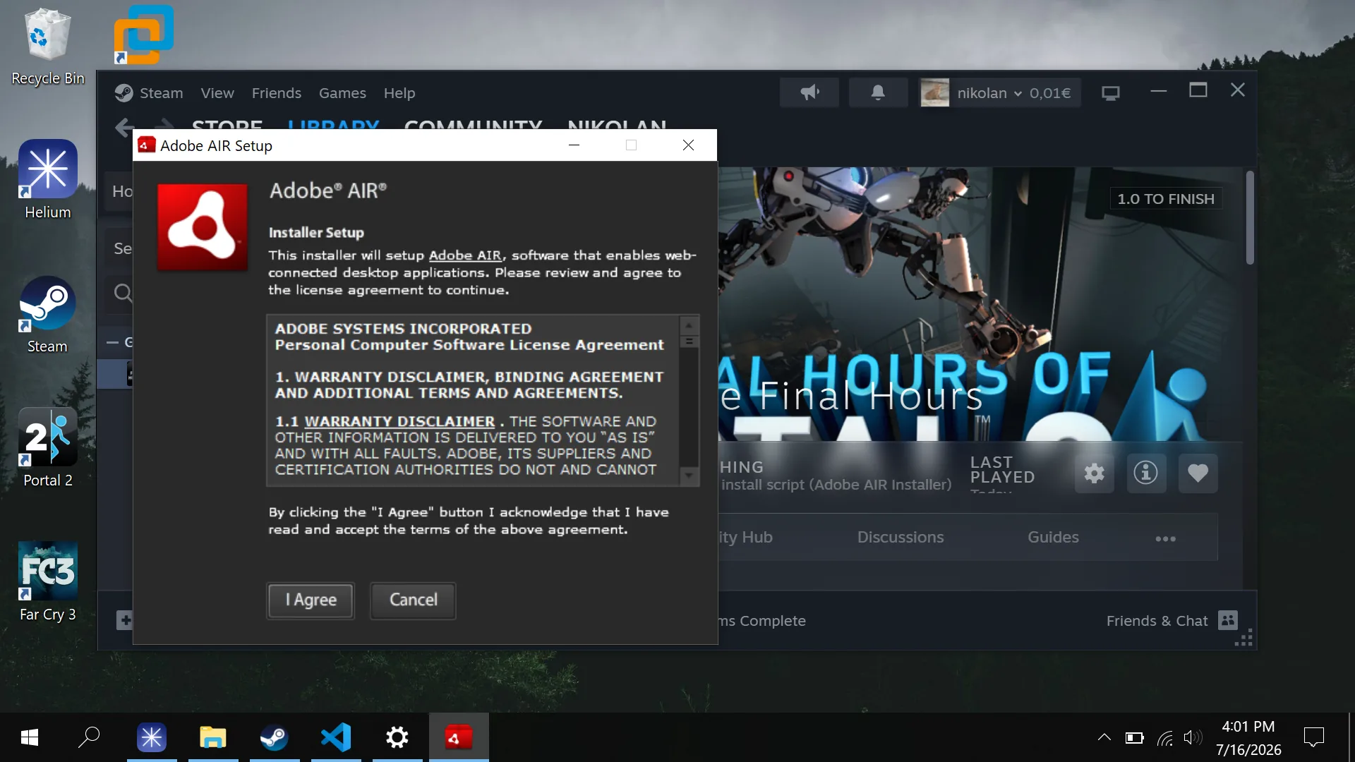 An outdated Adobe AIR installer appearing after Portal 2: The Final Hours launches
