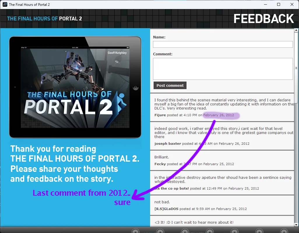 The feedback page annotated to highlight that its latest comment is from 2012