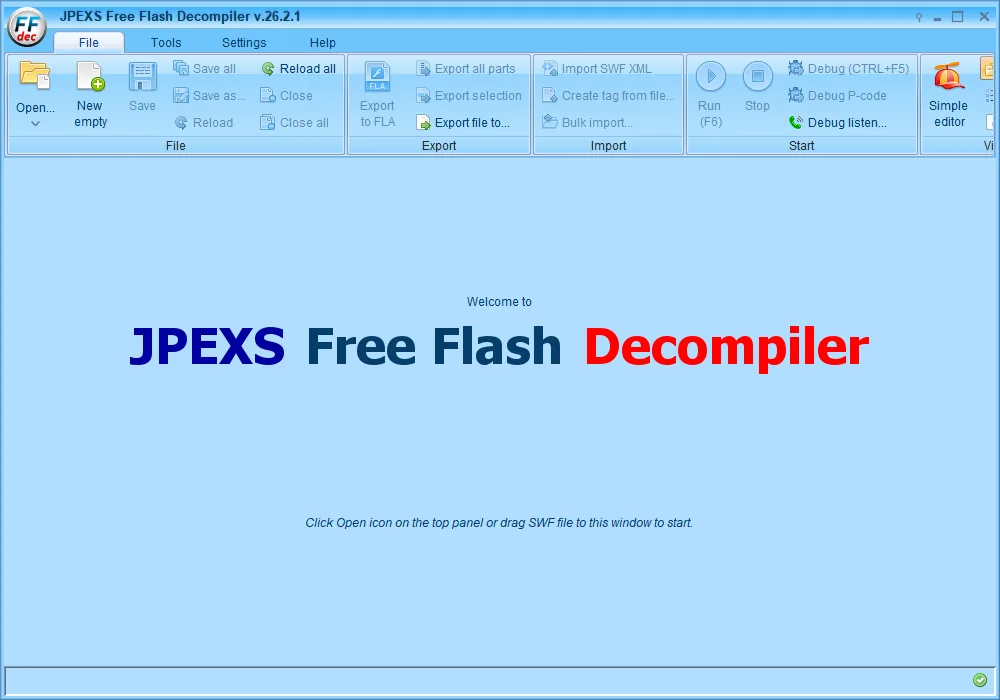 The JPEXS Free Flash Decompiler welcome screen
