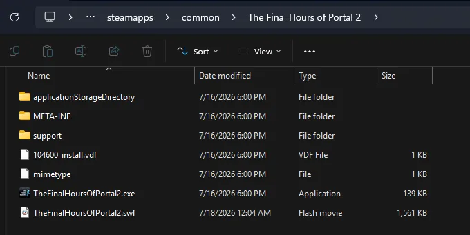 The e-book's installation folder, including TheFinalHoursOfPortal2.swf
