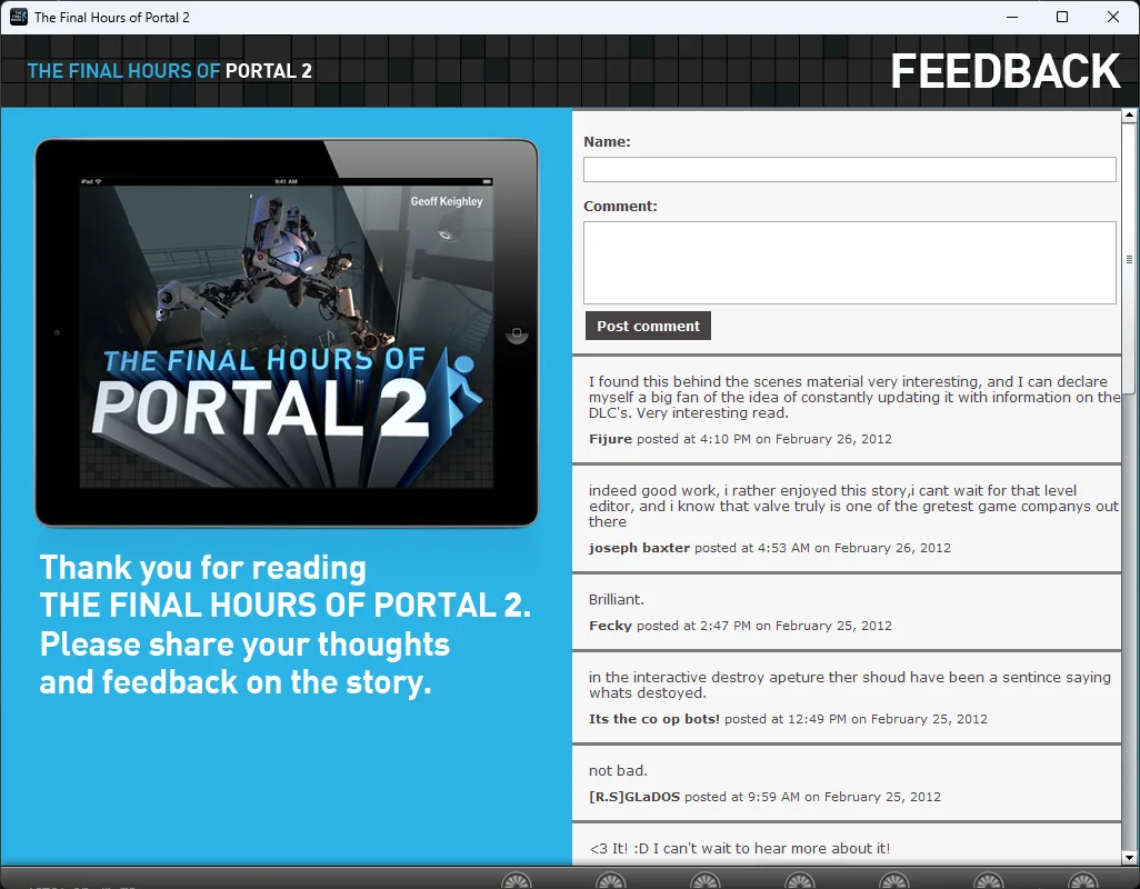 The e-book's feedback form and its original reader comments