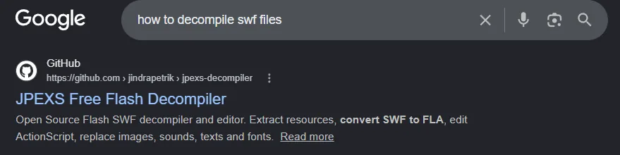 A Google search for how to decompile SWF files returning JPEXS Free Flash Decompiler
