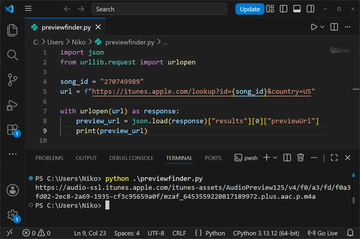 A Python script using an Apple Music song ID to retrieve its audio preview URL