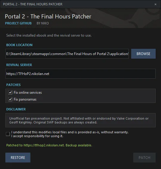 The Portal 2: The Final Hours Patcher, with options to fix online services and panoramas
