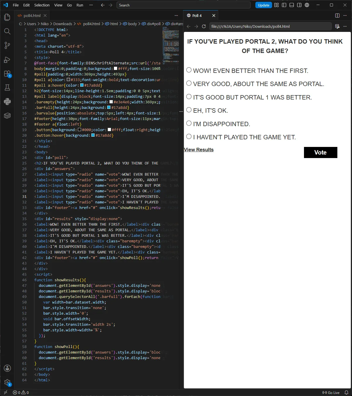 The recreated Portal 2 poll beside its source code in Visual Studio Code
