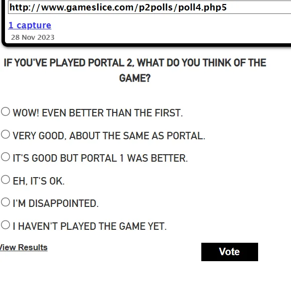 The archived poll asking players what they think of Portal 2