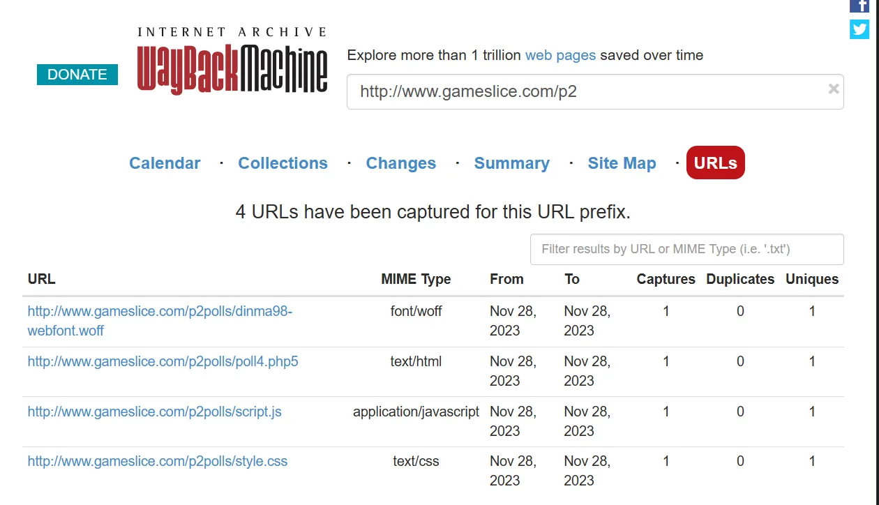 The Wayback Machine listing an archived Portal 2 poll and its supporting files