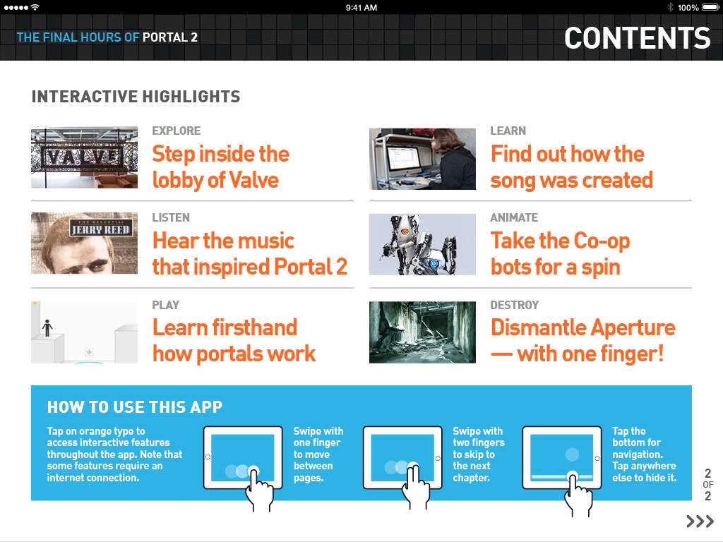 The interactive highlights screen in the Portal 2 e-book's iPad version
