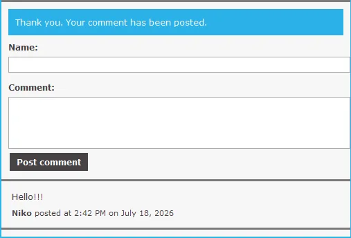 The restored feedback form confirming that a new comment was posted